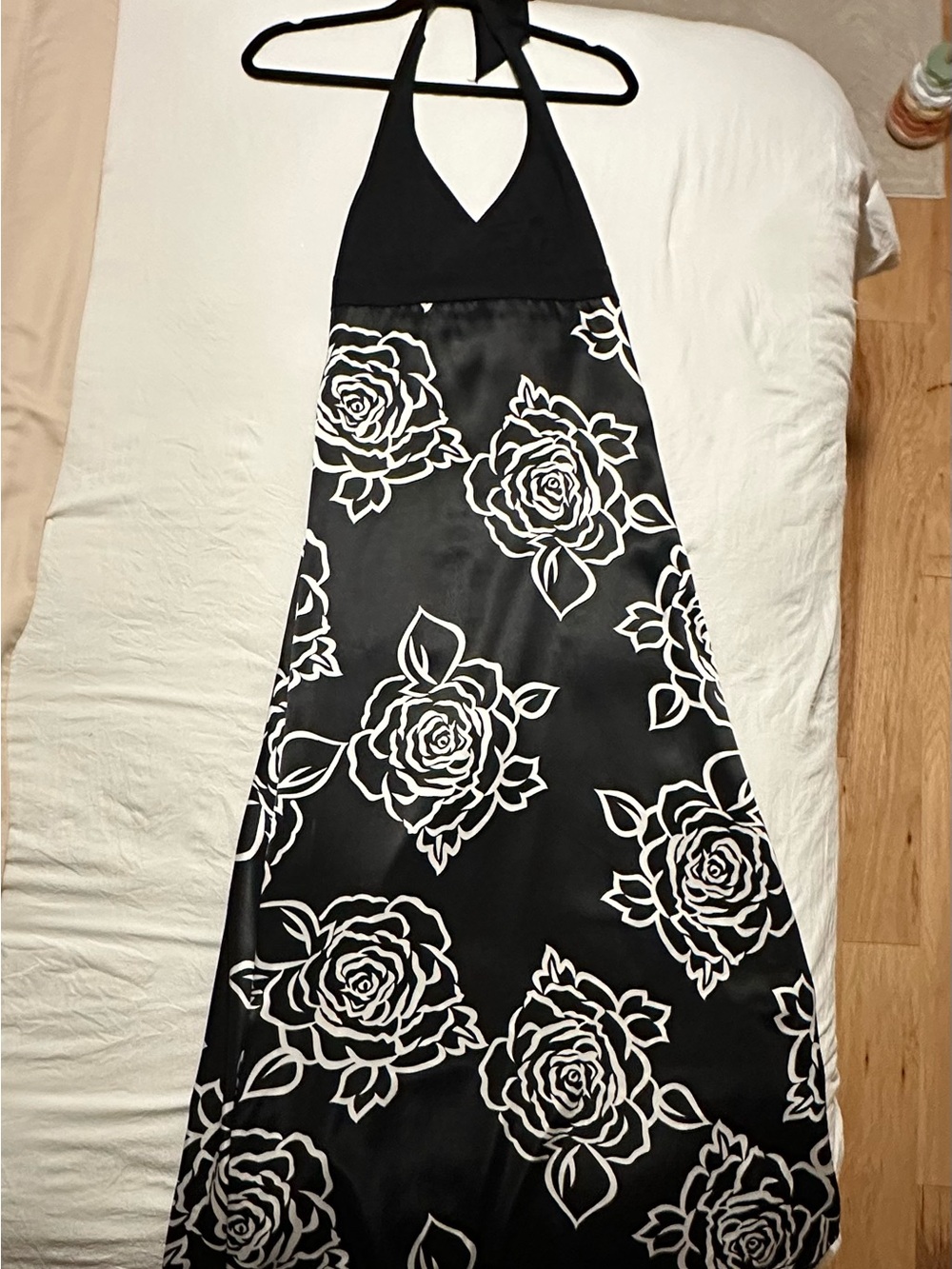 Love Tease Black and White Halter Rose Print Maxi Dress
